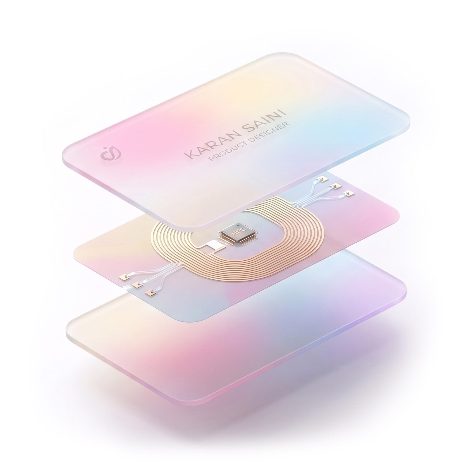 Illustration of an NFC card, exploded to show the chip inside