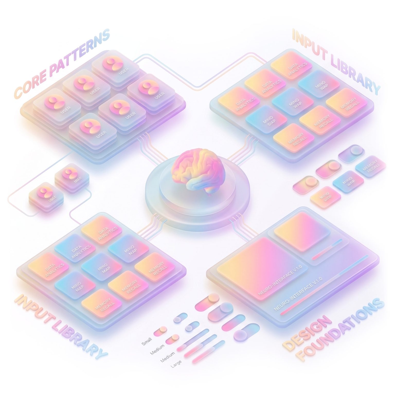 Illustration of a design system: patterns, input library and foundations