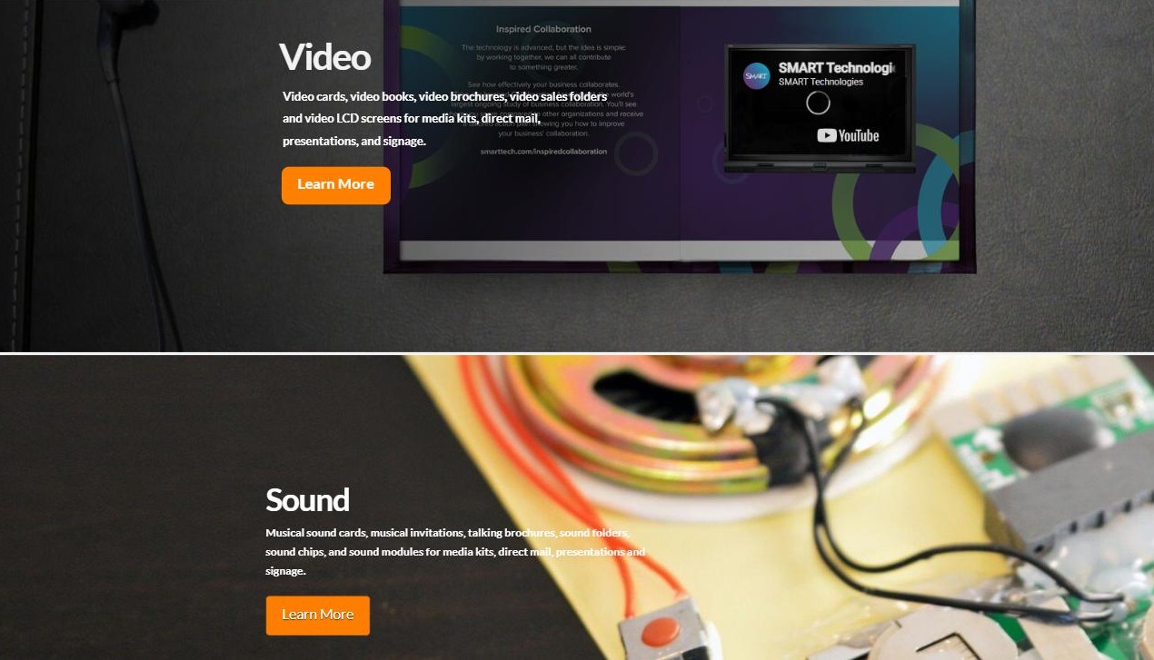 Old bigDAWGS home page: product bands for video, sound, NFC and LED