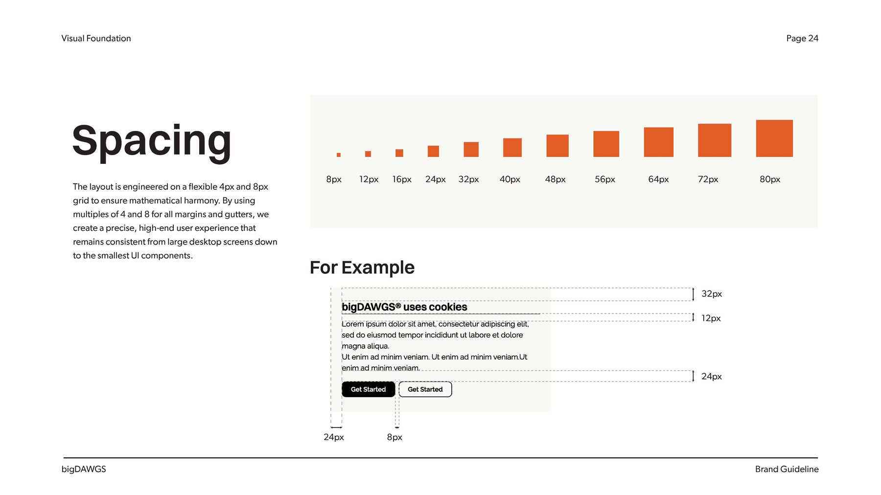 Brand book page showing the spacing scale
