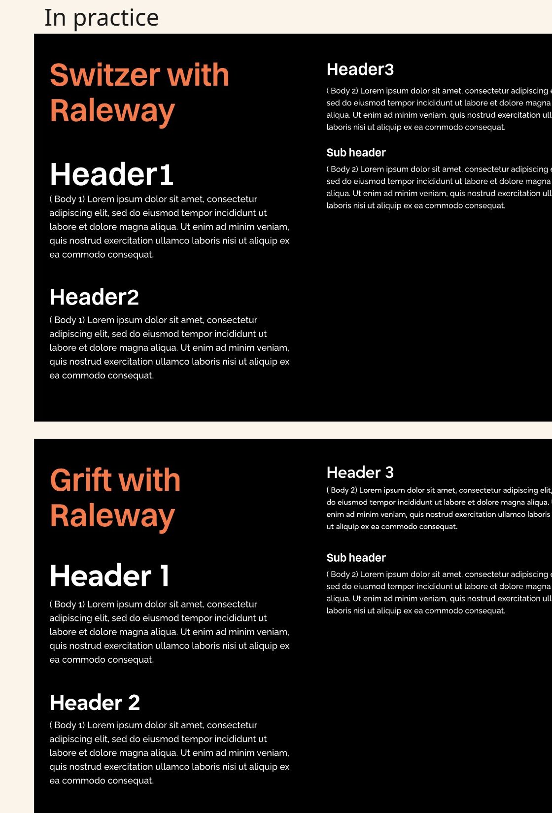 Switzer and Grift set at the same sizes and weights, compared on a Miro board