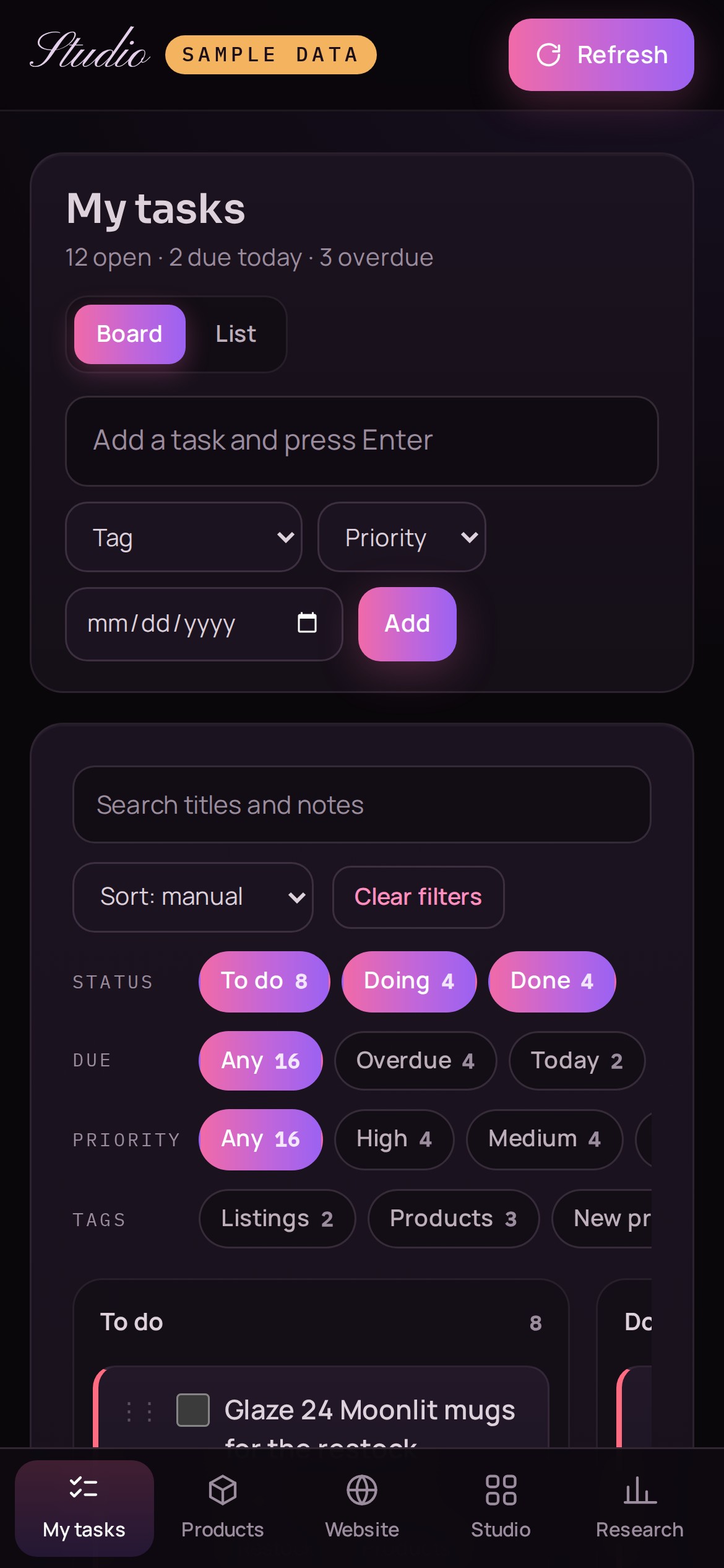 The client dashboard on a phone, My tasks tab, with sample data