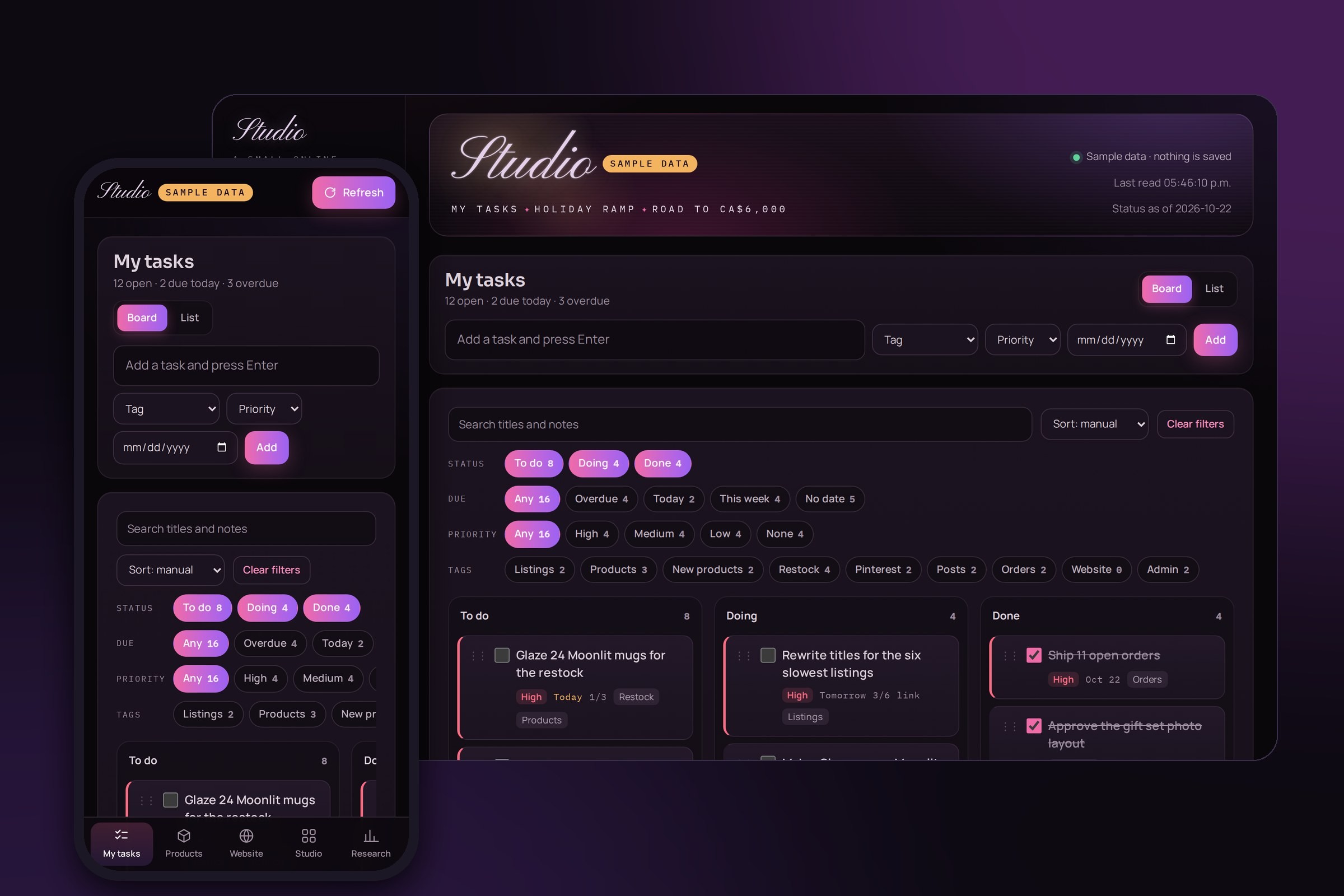 The client dashboard with sample data on a laptop and a phone