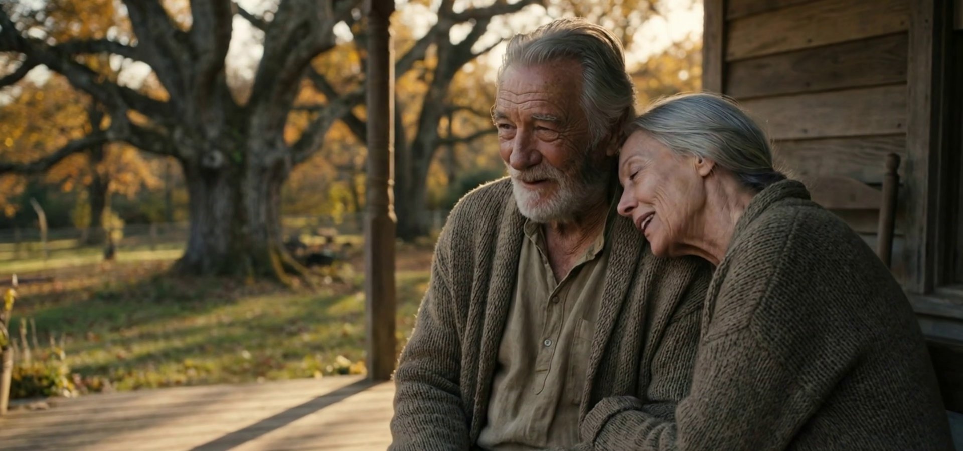 Still from The Way Home: Jack and Emma, both in their 70s, sitting together on a cabin porch in autumn