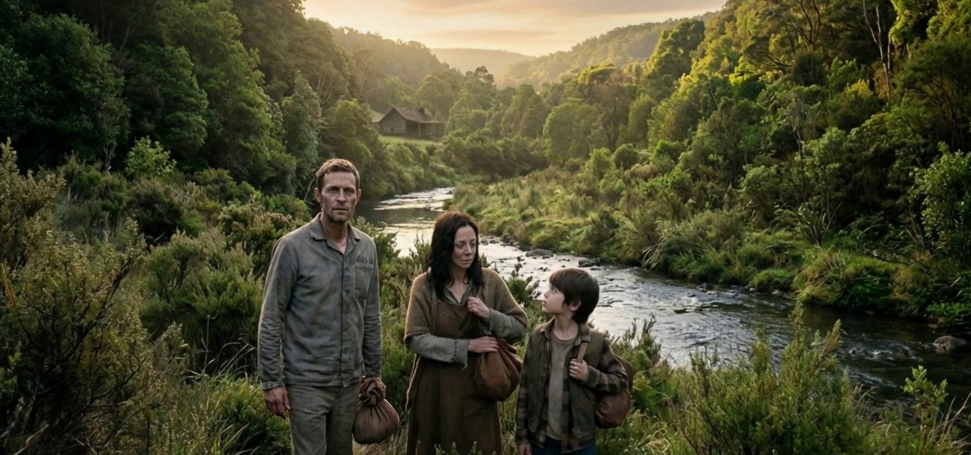 Still from The Way Home: Jack, Emma and Noah arriving in a green valley by a river