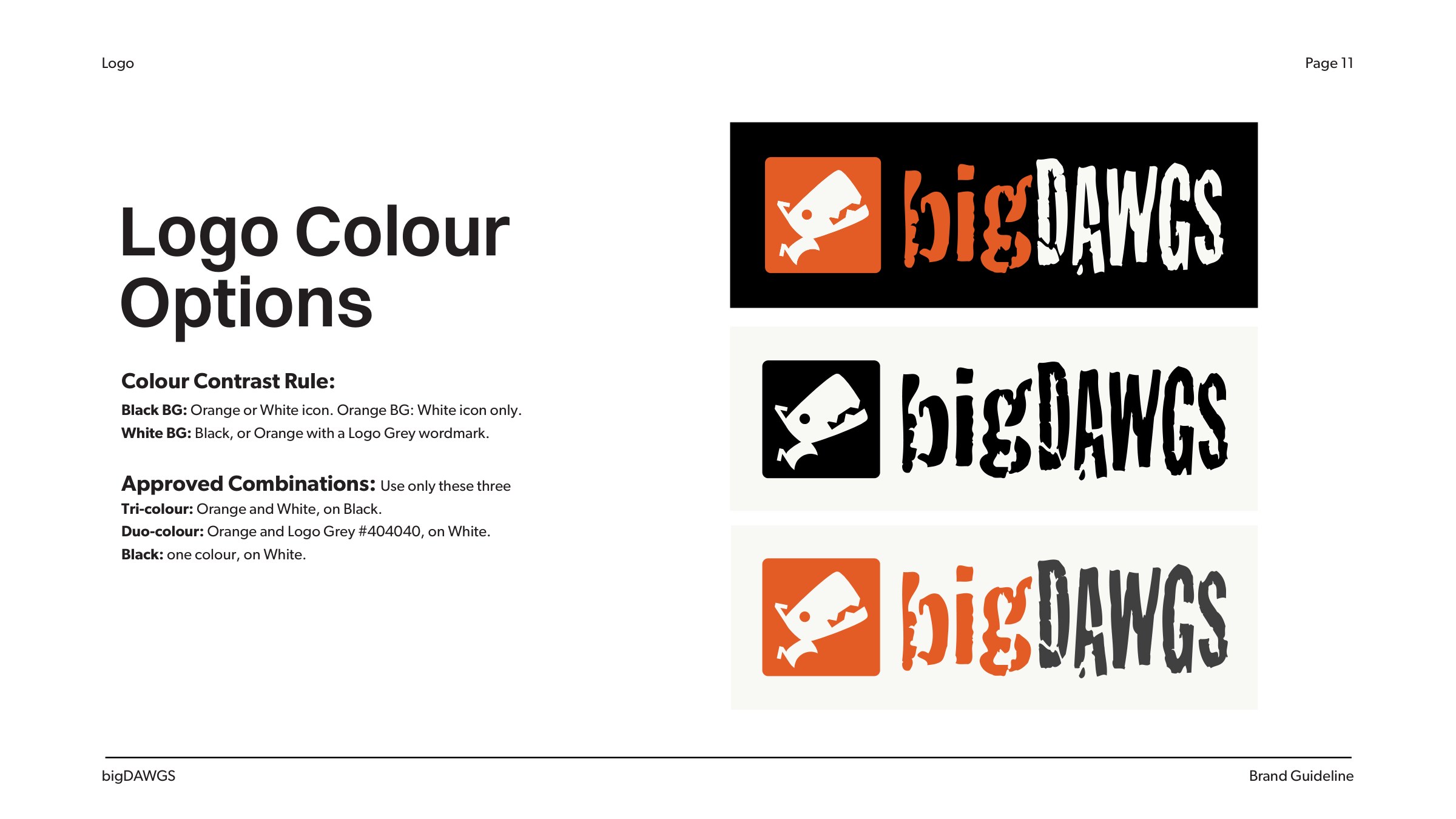 bigDAWGS brand book page 11: logo colour options
