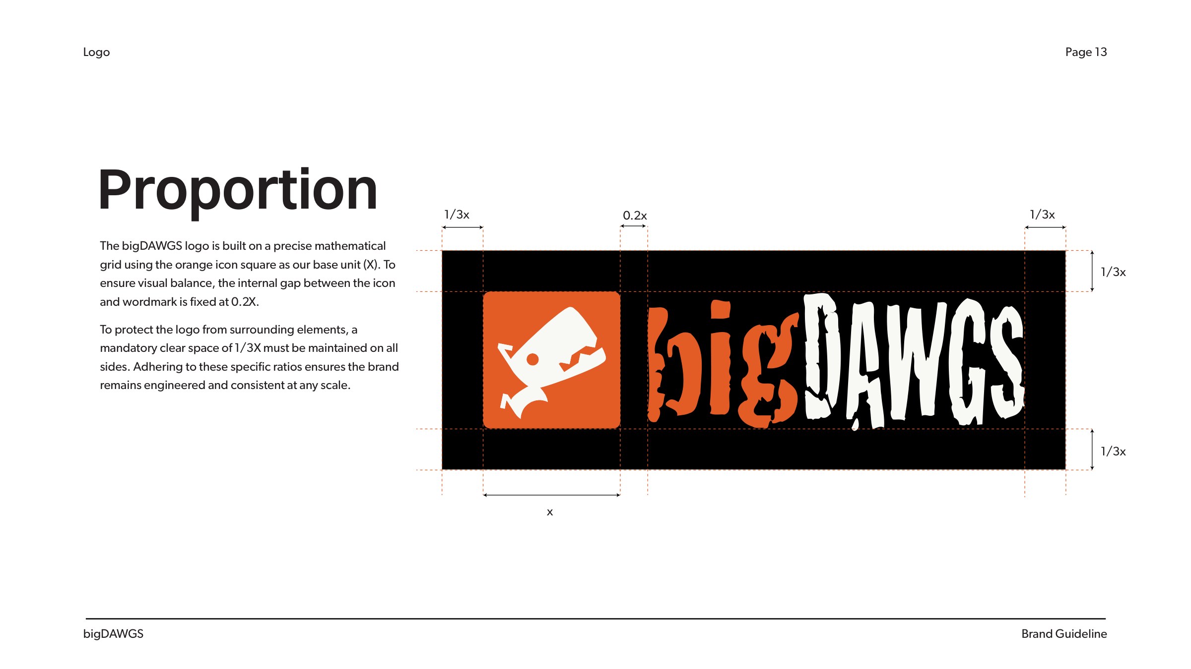 bigDAWGS brand book page 13: logo proportion