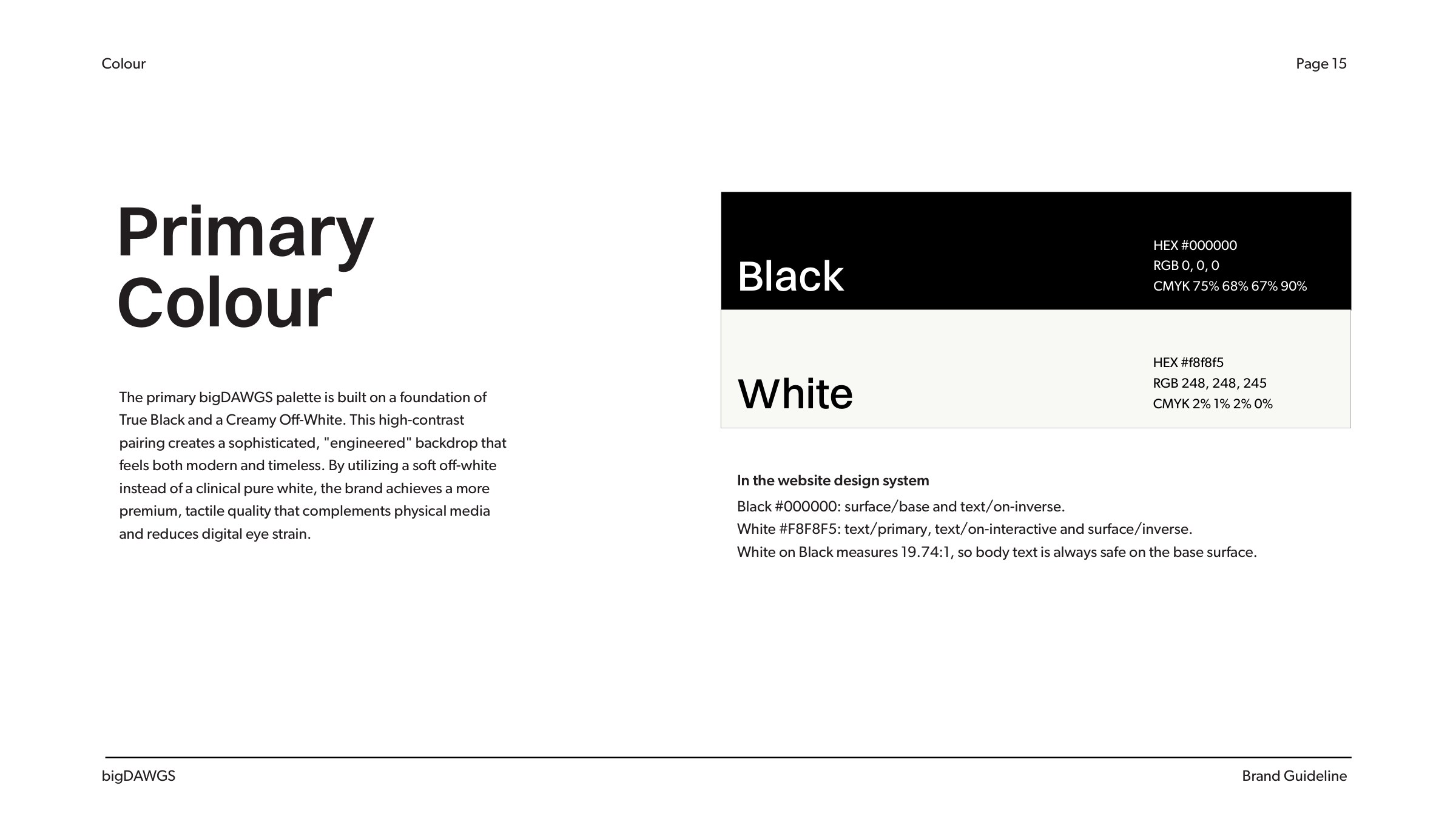 bigDAWGS brand book page 15: primary colours and their website tokens