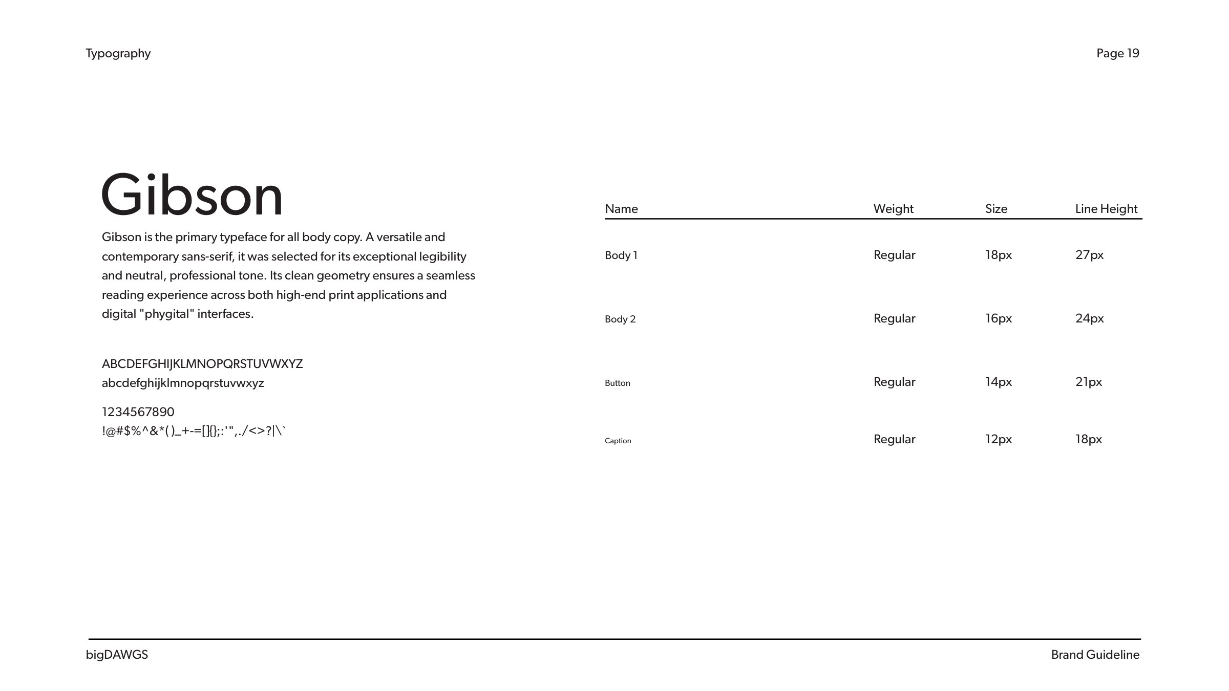 bigDAWGS brand book page 19: Gibson body type scale
