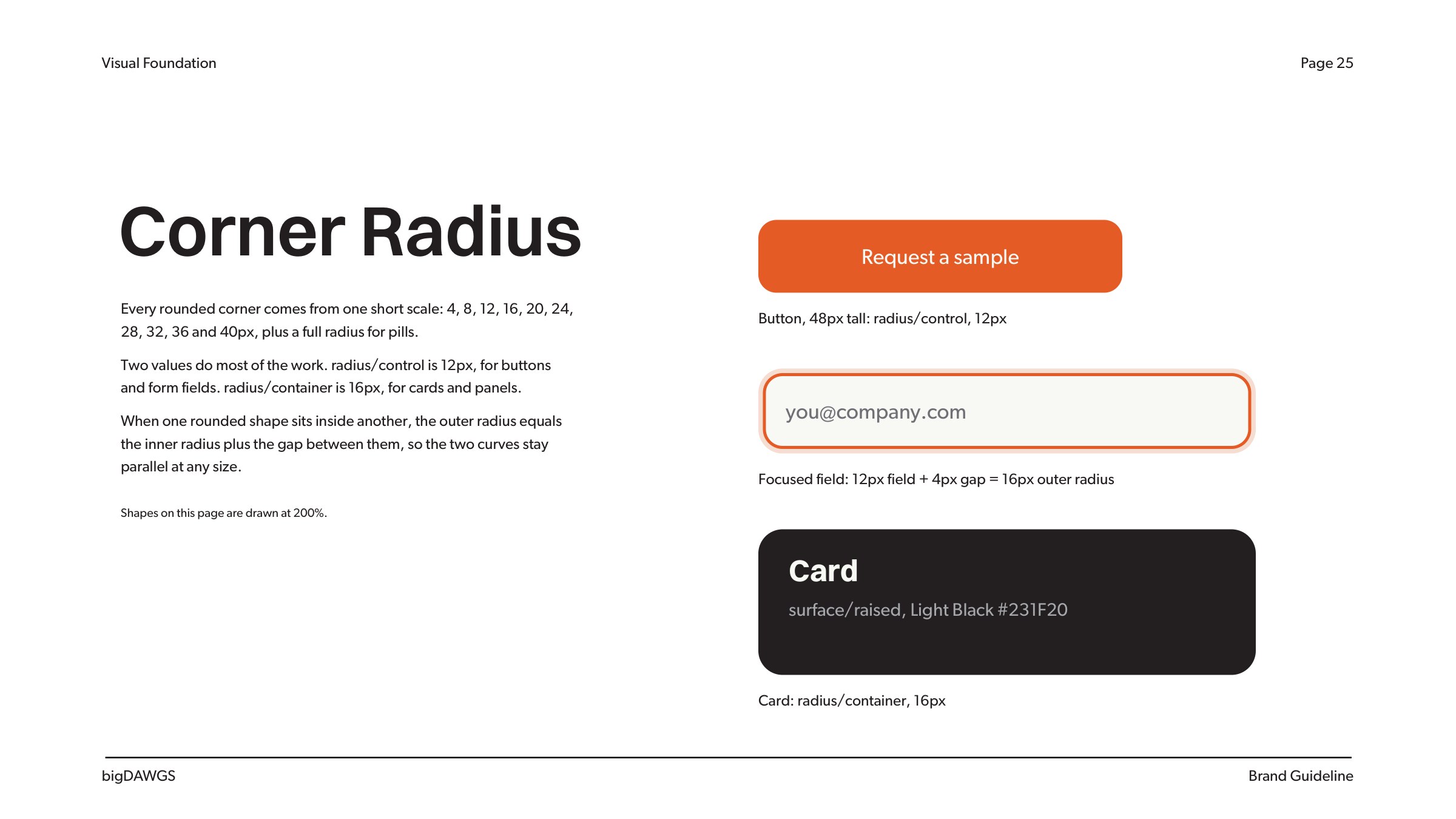 bigDAWGS brand book page 25: corner radius tokens