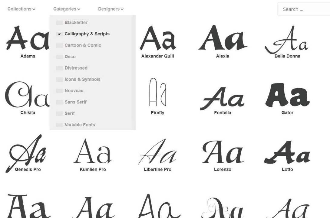 Canada Type catalogue with the filter open on Calligraphy and Scripts