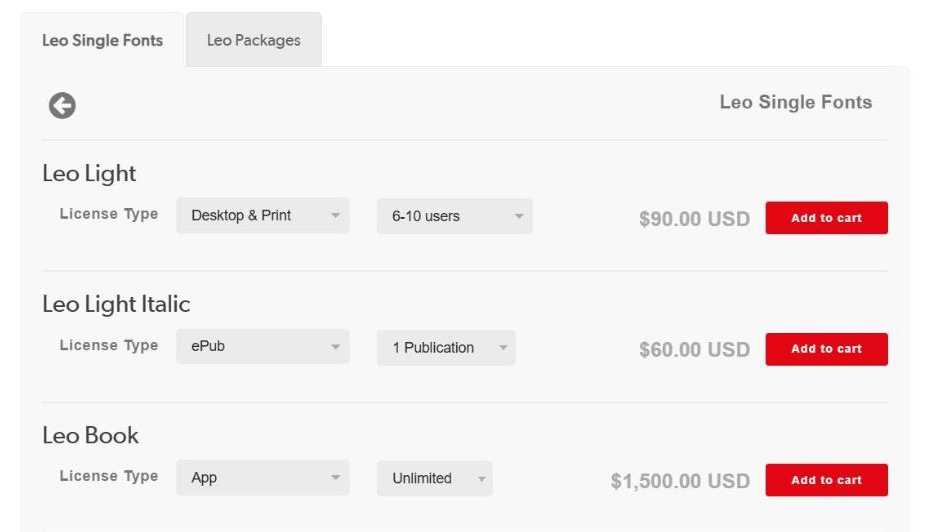 Canada Type licence picker for Leo: Desktop and Print for 6 to 10 users at 90 US dollars, ePub for one publication at 60, App unlimited at 1,500, each with Add to cart