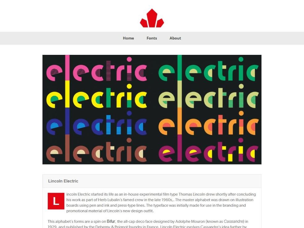 Canada Type’s Lincoln Electric font page today, with the slider of colour type samples and the font description
