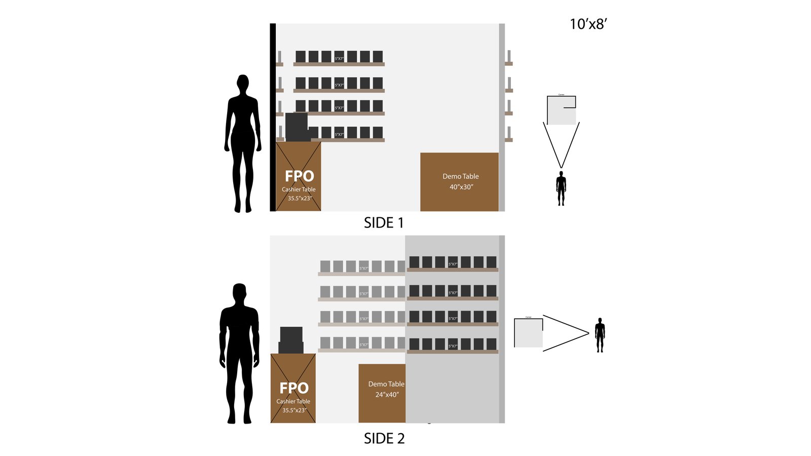 Booth elevations, side 1 and side 2, with human silhouettes for scale