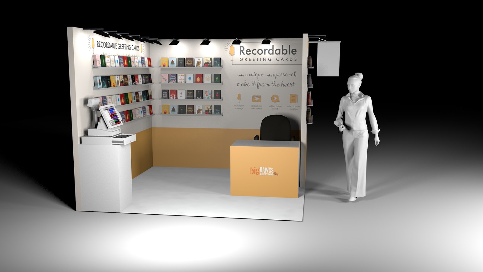 Cinema 4D render of a 10 by 10 corner booth for recordable greeting cards, with a figure for scale