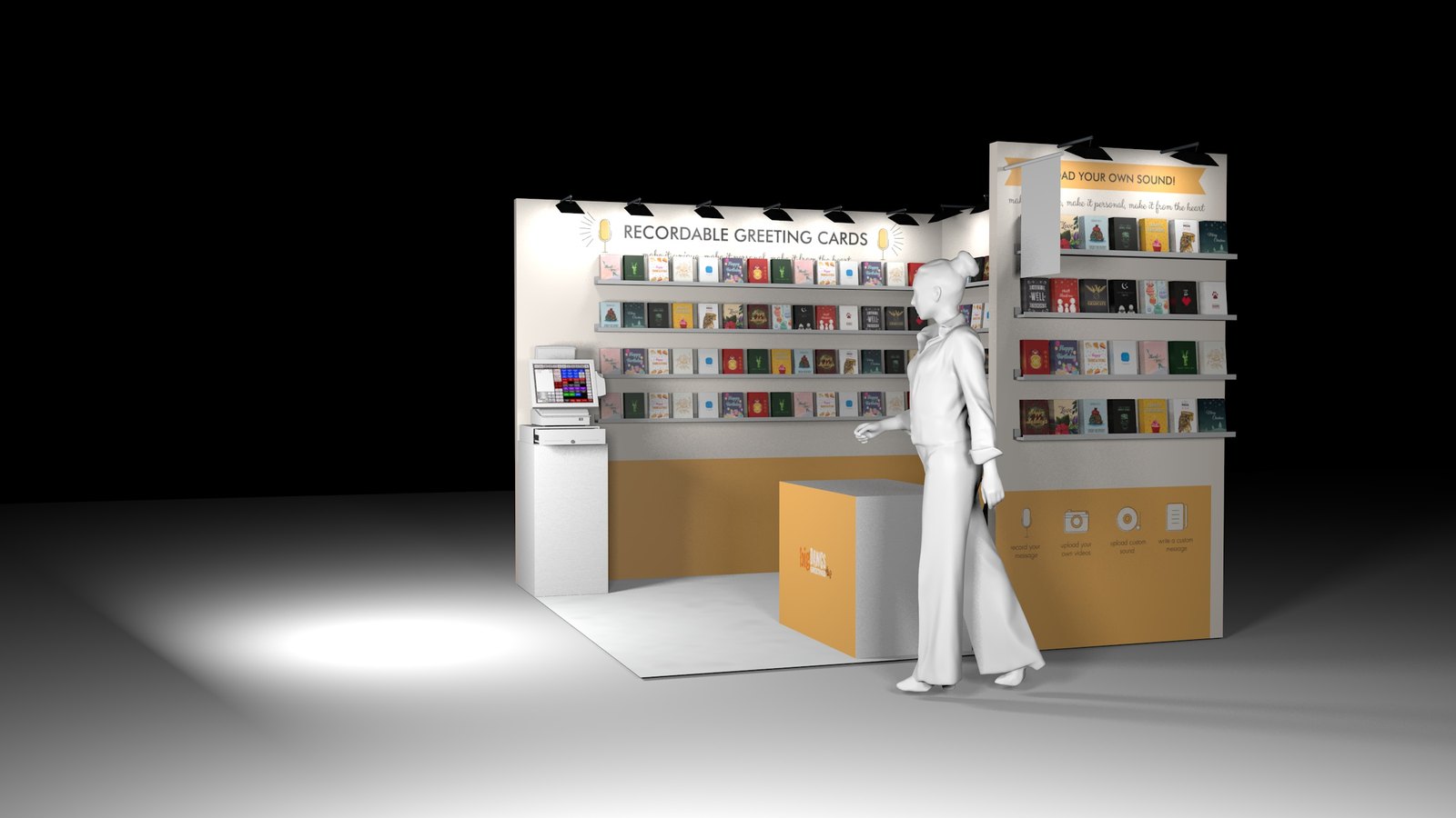 Side view render of the same booth concept, with card shelves and a demo table