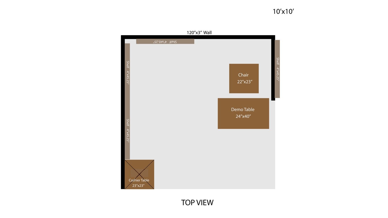 Top view of the 10 by 10 corner booth layout