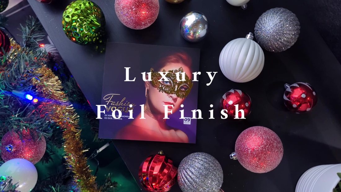 Event video card sample on a holiday flat lay, titled Luxury Foil Finish