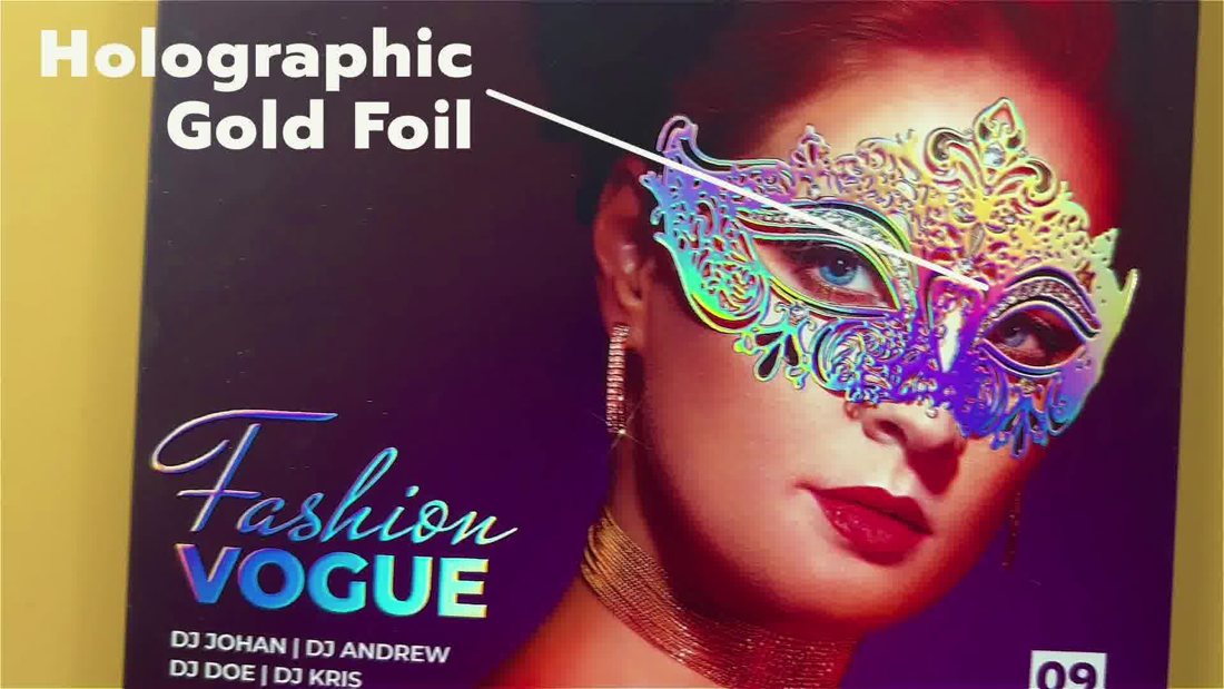 Video frame: a masquerade mask cover in holographic gold foil, labelled on screen