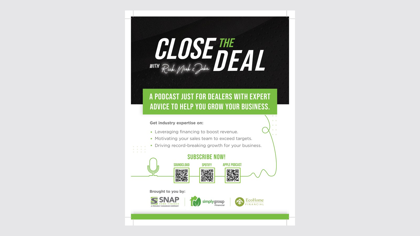 Close the Deal one pager: what the podcast covers and QR codes to subscribe