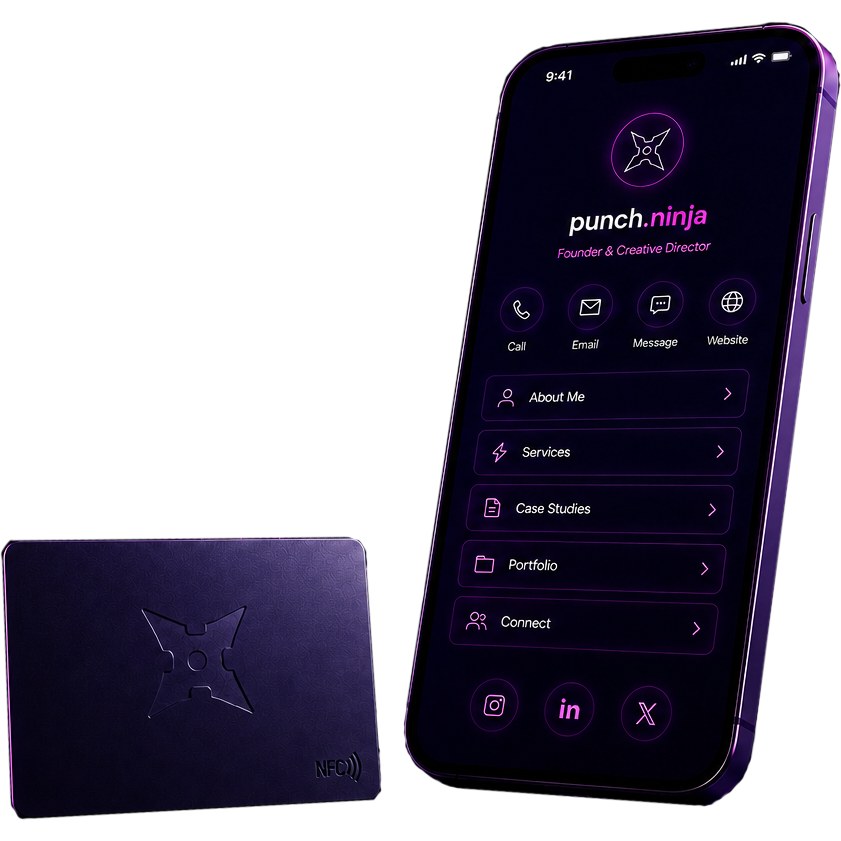 A punch.ninja NFC card beside a phone showing the card’s page