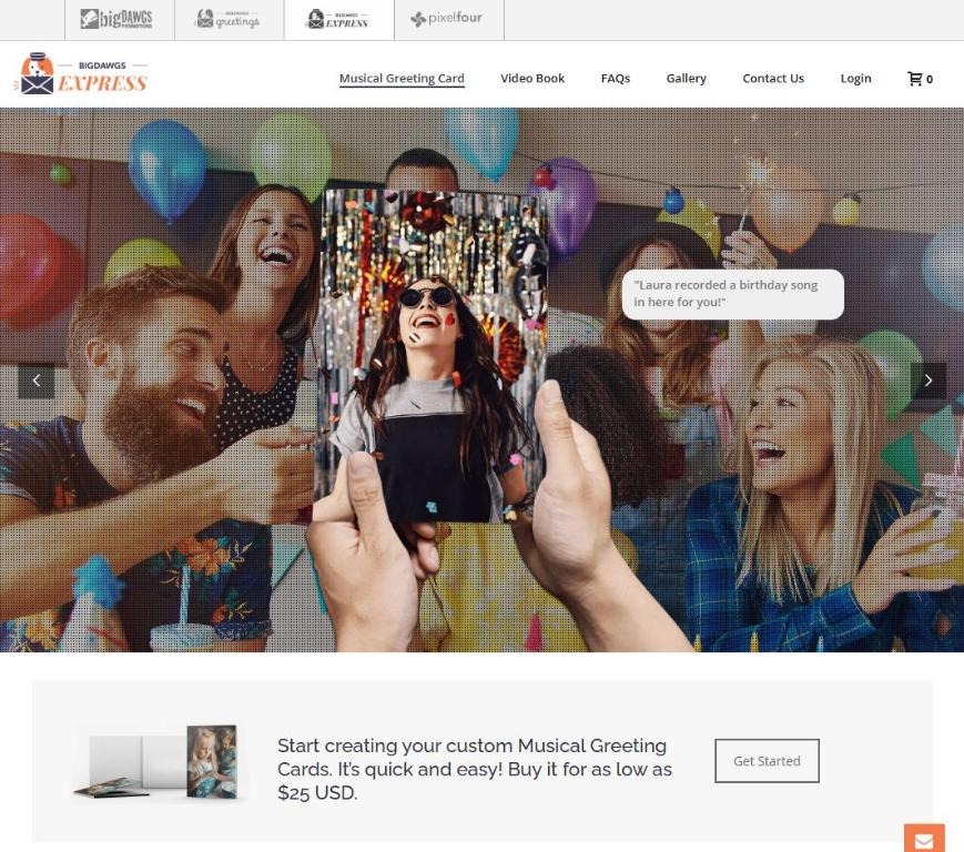 bigDAWGS Express: the musical greeting card page, a video card in hand at a party and the offer to start from 25 US dollars