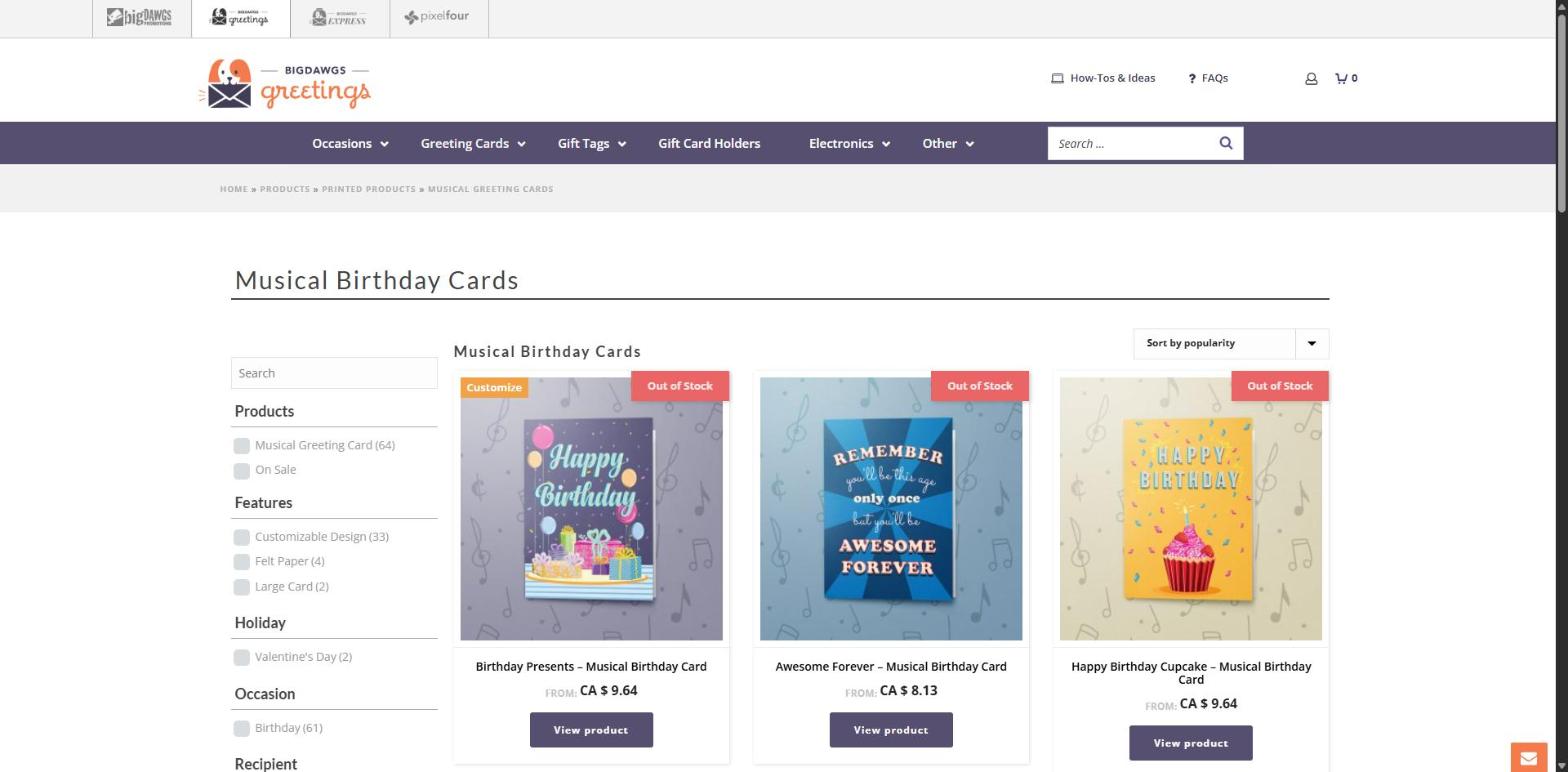 bigDAWGS Greetings: the musical birthday cards shop with filters and prices
