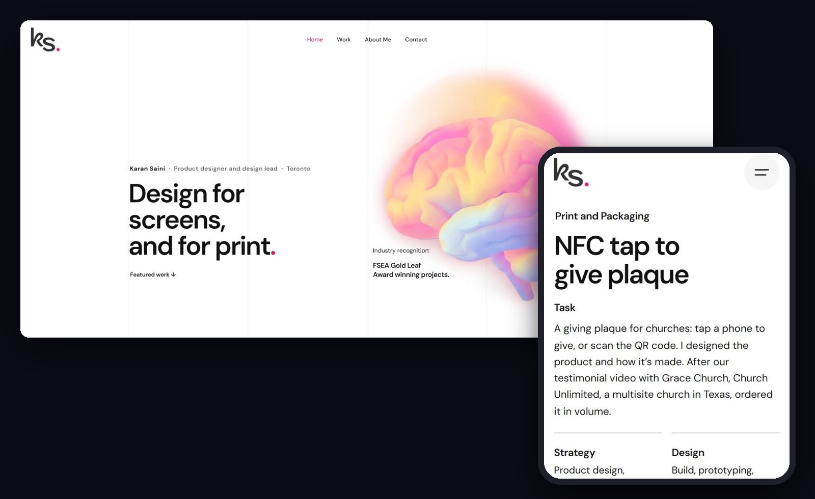 This portfolio, ksainicreative.com: the home page on a desktop screen and the NFC plaque case study on a phone