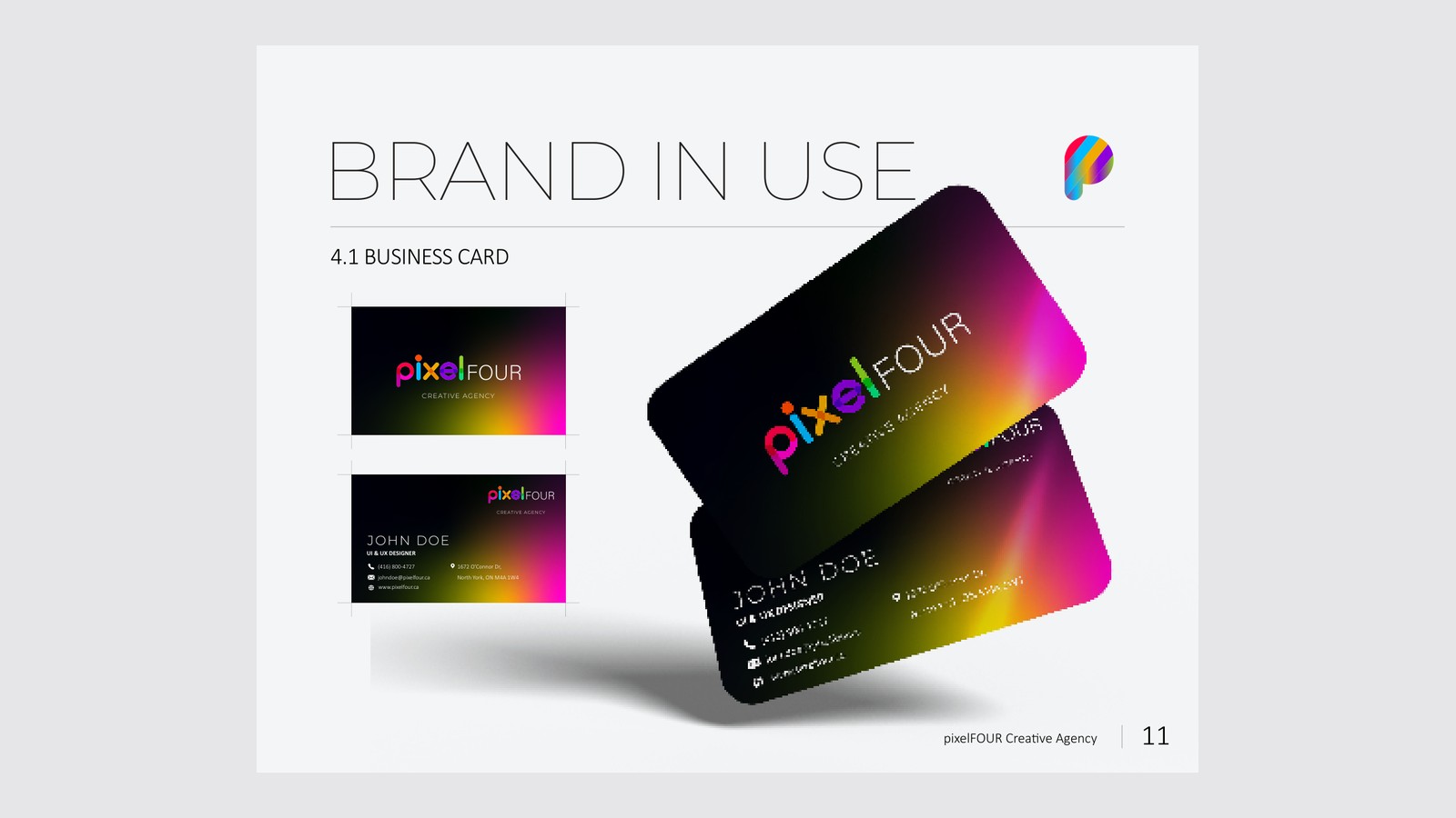 pixelFOUR brand guideline page: the business card, front and back