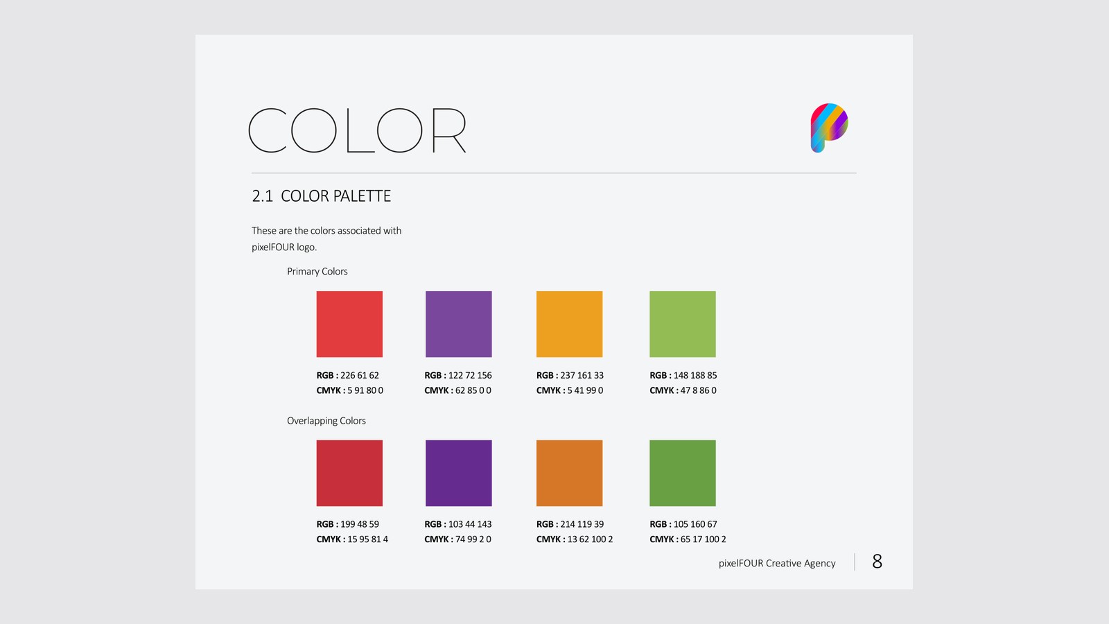 pixelFOUR brand guideline page: primary and overlapping colours with RGB and CMYK values