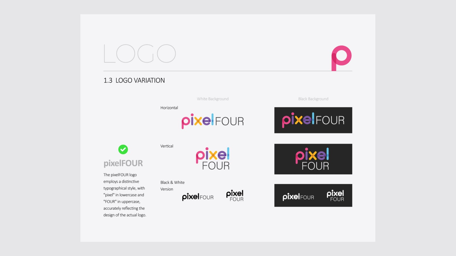 Logo variations page: horizontal, vertical, and black and white versions on light and dark backgrounds