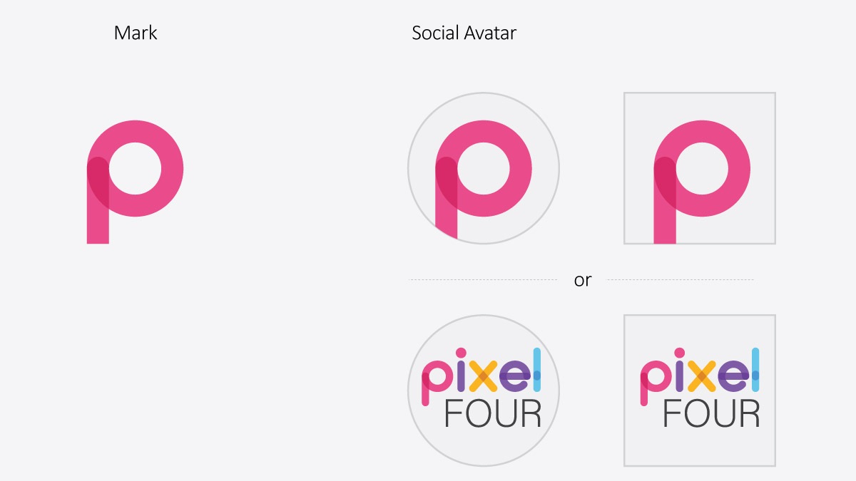 The pink “p” mark of pixelFOUR, and the mark and full logo as round and square social avatars