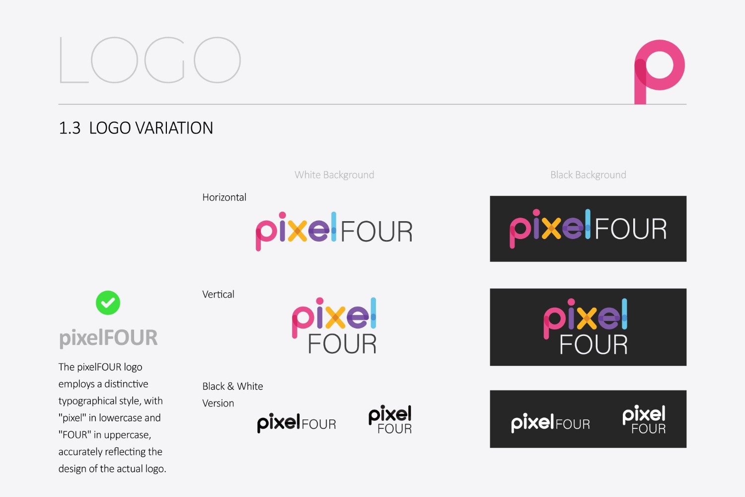 pixelFOUR logo variations on light and dark backgrounds