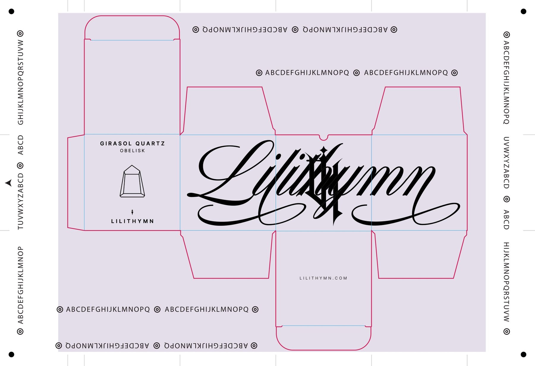 Flat box artwork with the dieline over it, lilac background, crystal icon and product name