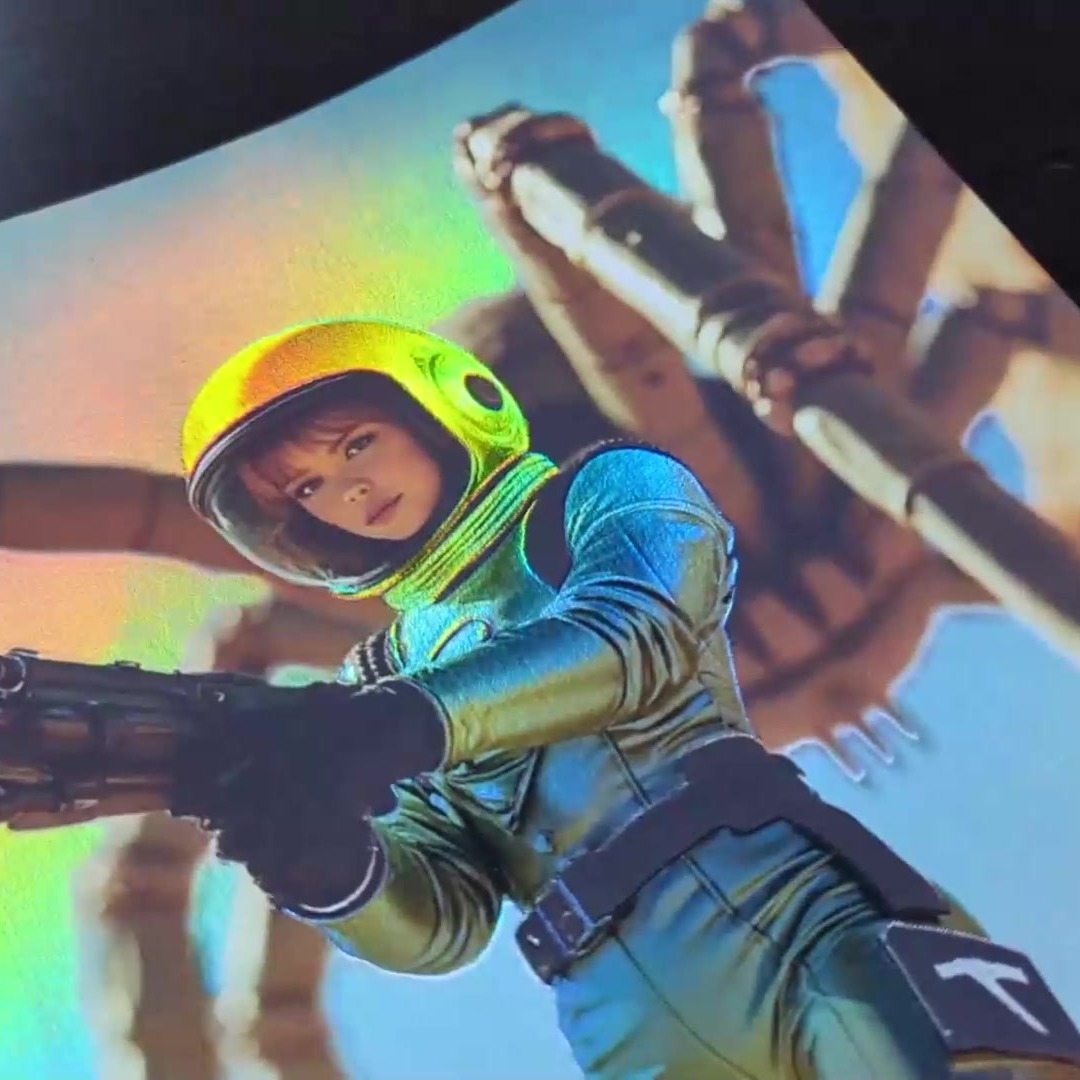 Close up of a printed astronaut with a holographic sheen across the suit and helmet