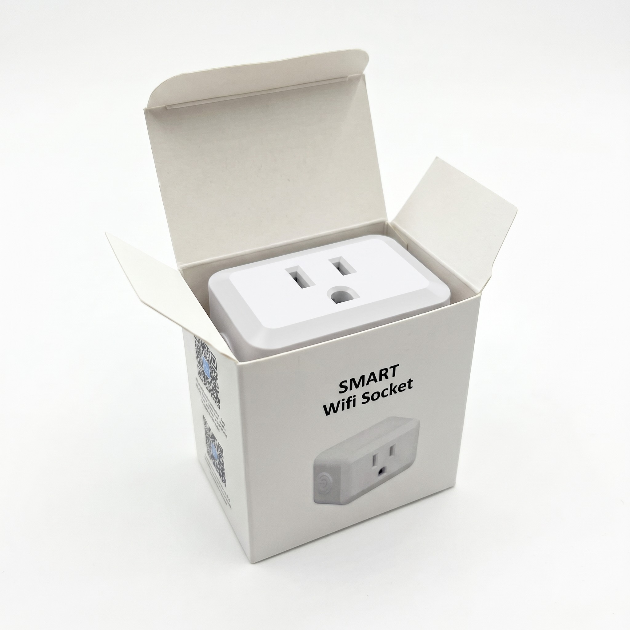 The globe Smart Wifi Socket box open, with the socket held upright in the tray