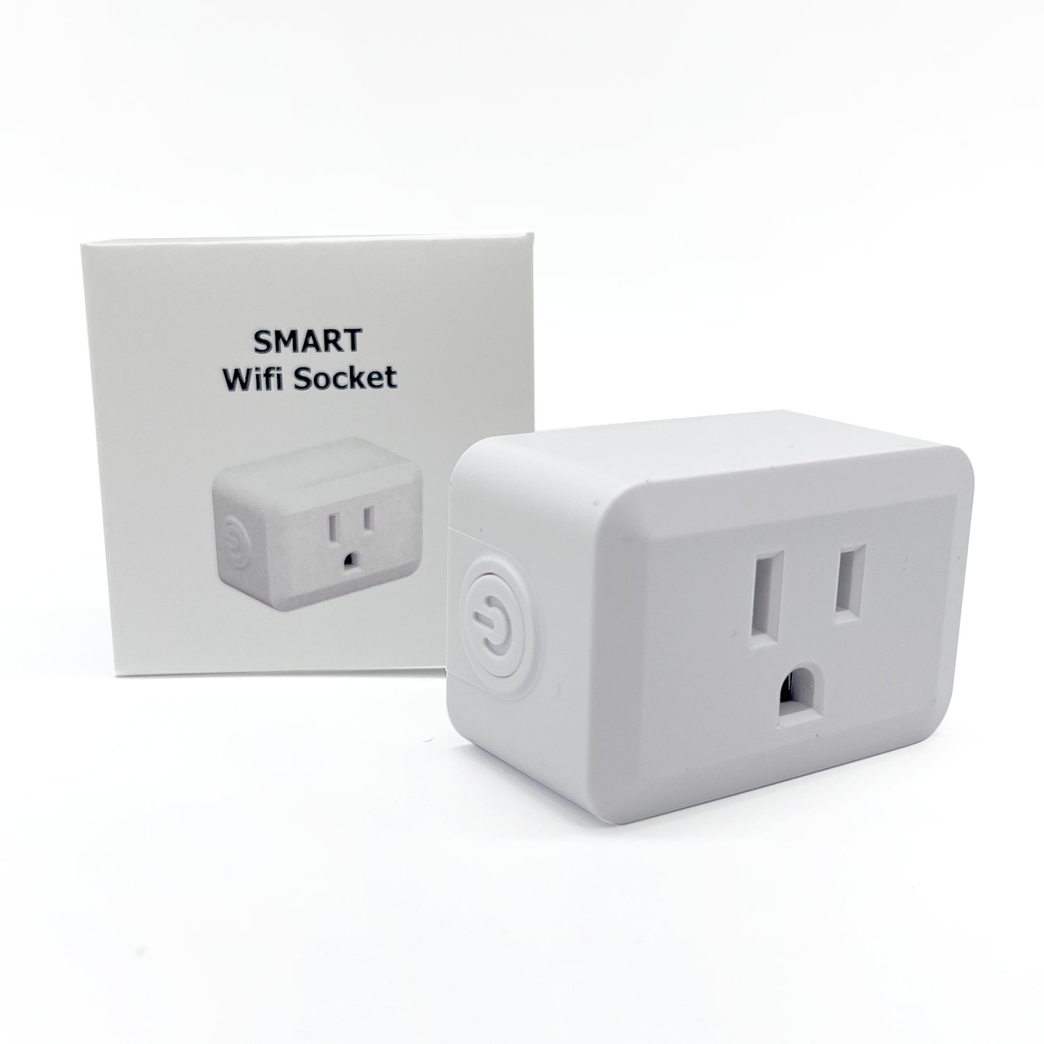 Finished white box for a smart wifi socket, with the outlet beside it