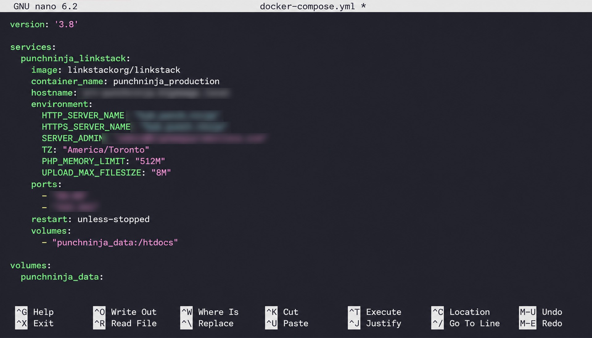 The docker-compose file that runs LinkStack on our own server, with the server details blurred