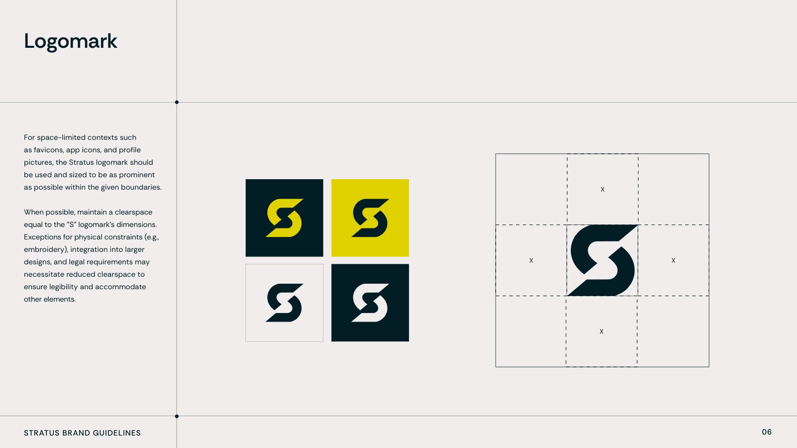 Stratus brand guidelines page: the S logomark in four colour versions and its clear space