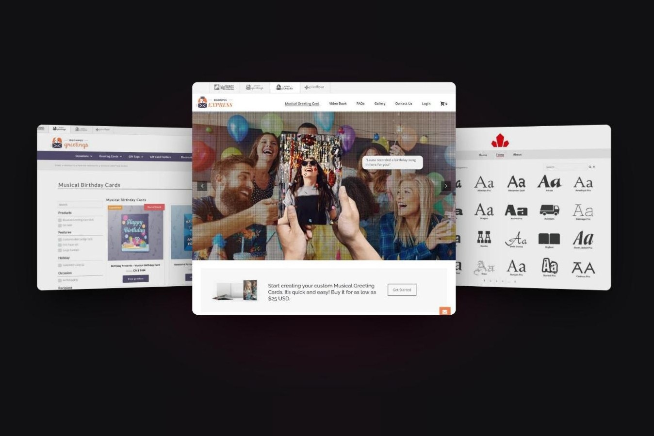 Three online stores Karan designed and built: bigDAWGS Greetings, bigDAWGS Express and Canada Type